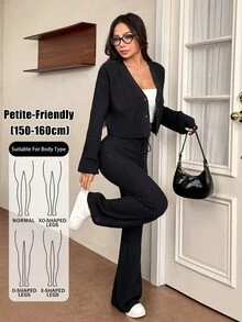 SHEIN PETITE 2pcs Women's Casual Solid Wide Strap Cardigan And Drawstring Waist Flare Pants Outfit In Fall/Winter - Black - View 4