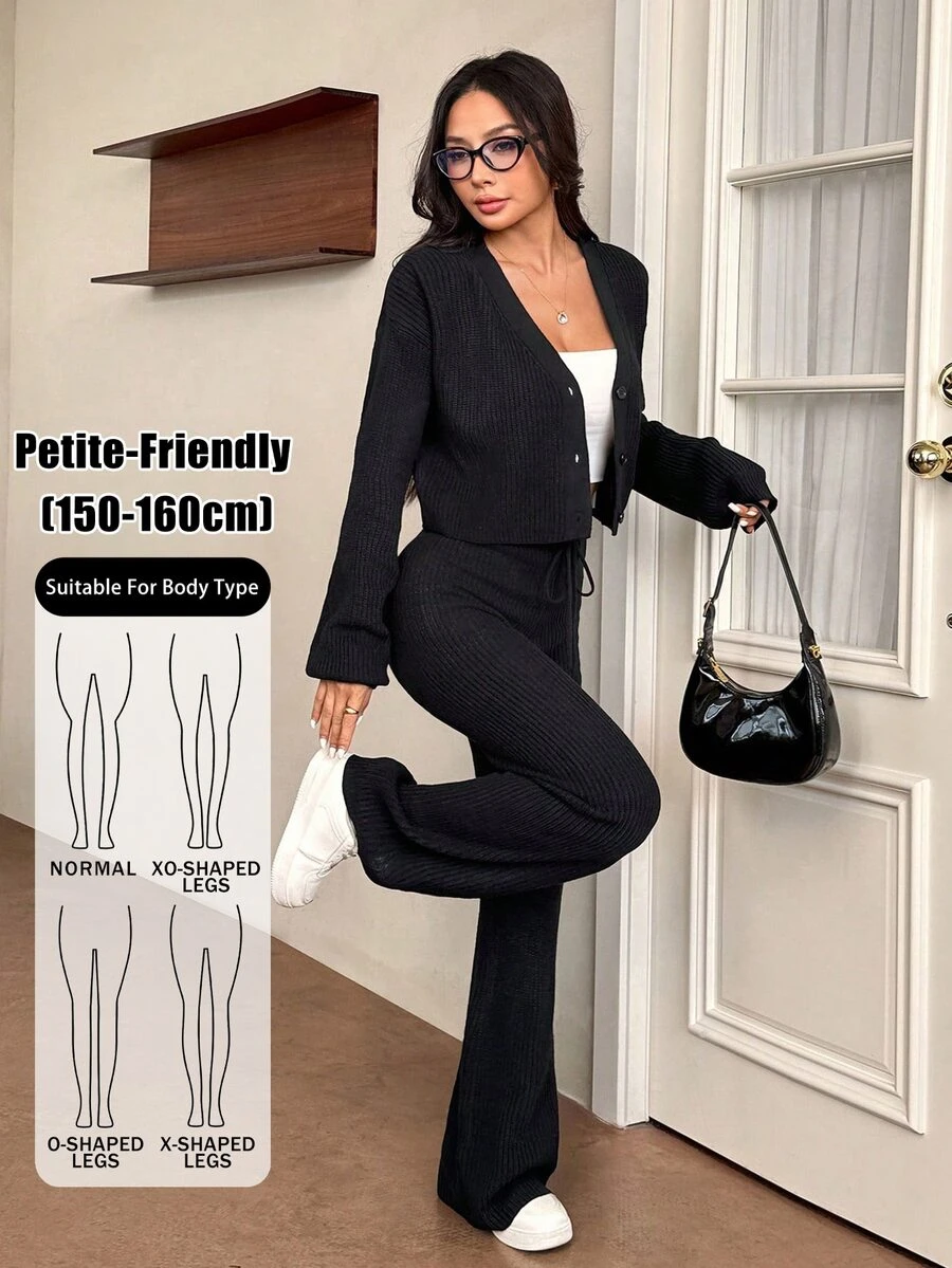 SHEIN PETITE 2pcs Women's Casual Solid Wide Strap Cardigan And Drawstring Waist Flare Pants Outfit In Fall/Winter - Black - View 1