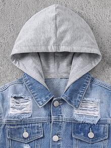 SHEIN Genkimix Kids 男童牛仔夾克外套，四季皆宜，柔軟棉質，休閒時尚百搭舒適，極簡經典翻領，前雙貼袋設計，可拆卸針織連帽，寬鬆版型，淺藍水洗牛仔夾克外套，適合日常穿著與度假 - 中等水洗藍 - 查看 4