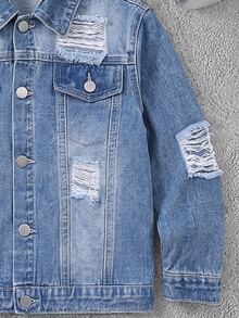 SHEIN Genkimix Kids 男童牛仔夾克外套，四季皆宜，柔軟棉質，休閒時尚百搭舒適，極簡經典翻領，前雙貼袋設計，可拆卸針織連帽，寬鬆版型，淺藍水洗牛仔夾克外套，適合日常穿著與度假 - 中等水洗藍 - 查看 6