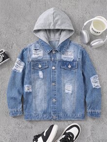 SHEIN Genkimix Kids 男童牛仔夾克外套，四季皆宜，柔軟棉質，休閒時尚百搭舒適，極簡經典翻領，前雙貼袋設計，可拆卸針織連帽，寬鬆版型，淺藍水洗牛仔夾克外套，適合日常穿著與度假 - 中等水洗藍 - 查看 1