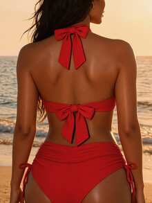 SHEIN Swim 2 件套女士 2025 海滩度假纯色镂空交叉吊带性感比基尼泳装套装带钢圈夏季 - 紅色 - 查看 2
