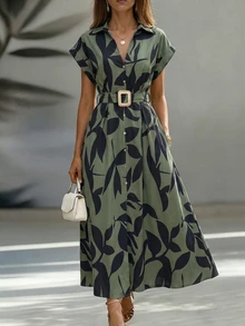 SHEIN LUNE Women'S Polka Dot Printed Batwing Sleeve Dress Maxi Women Outfit - Army Green - View 4