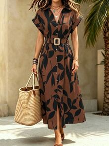 Wandoria Women'S Brown Printed Batwing Sleeve Dress Maxi Outfit Vacation Summer Casual Elegant - Rust Brown - View 3
