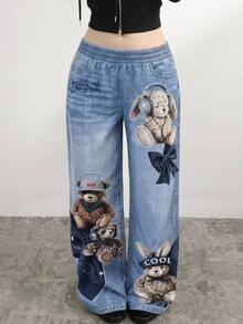 SHEIN Celana Jogging Kasual Saku Motif Kartun untuk Remaja Perempuan/Musim Gugur, Y2K, Halloween, Musim Dingin - Biru - View 2