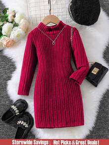 SHEIN Explorewe Young Girl Mock Neck Ribbed Knit Dress for Christmas - Burgundy - View 1