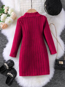SHEIN Explorewe Young Girl Mock Neck Ribbed Knit Dress for Christmas - Burgundy - View 2