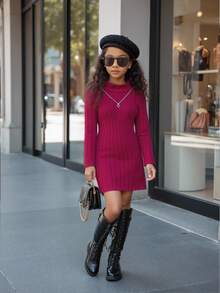 SHEIN Explorewe Young Girl Mock Neck Ribbed Knit Dress for Christmas - Burgundy - View 6
