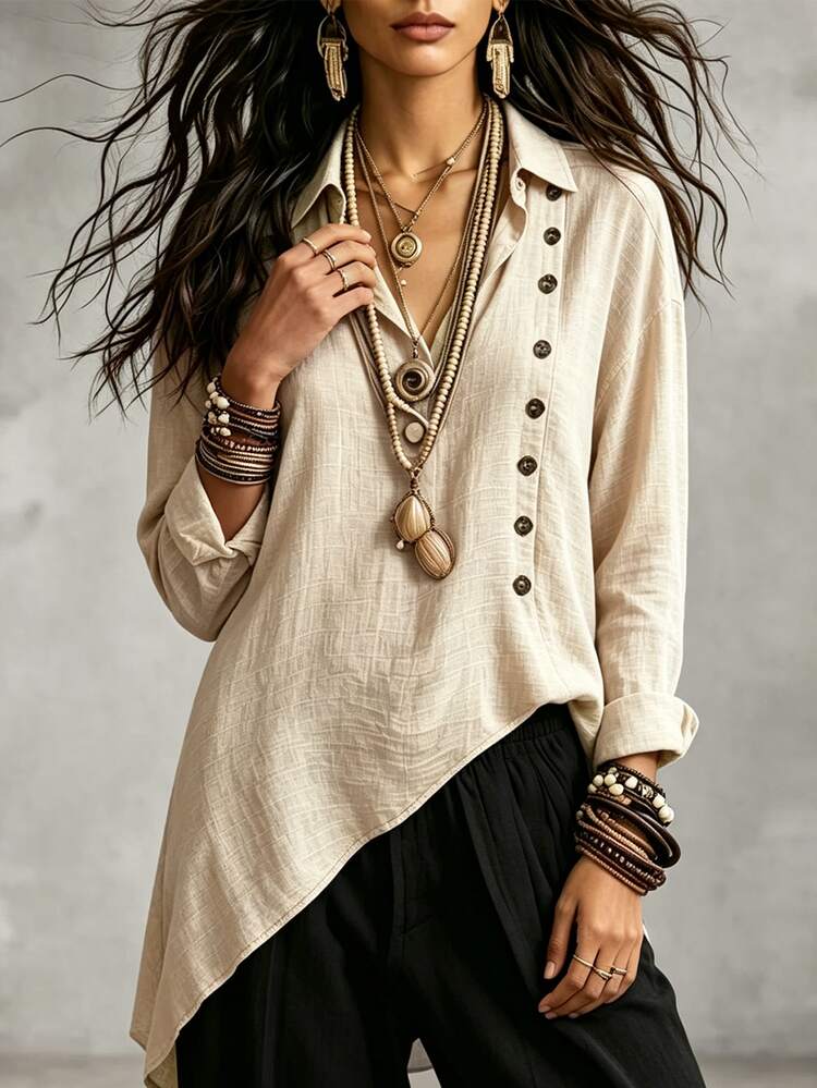 LUMIGAL Women's Button Design Long Sleeve Casual Commute Shirt - Apricot - View 6