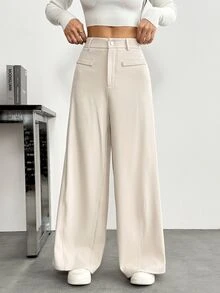SHEIN PETITE 女款時尚百搭卡其色寬腿通勤長褲 - 卡其色 - 查看 9