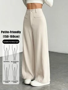 SHEIN PETITE 女款時尚百搭卡其色寬腿通勤長褲 - 卡其色 - 查看 4