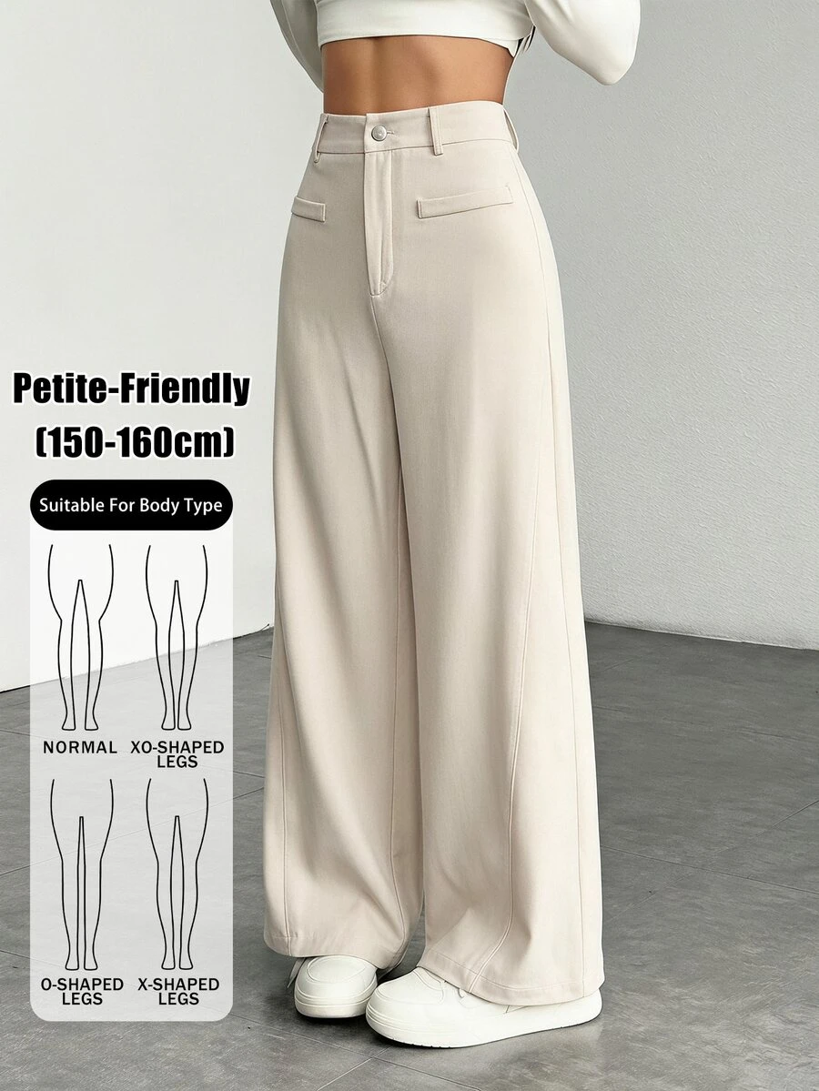 SHEIN PETITE Women's Fashionable, Versatile Khaki Wide-Leg Trousers For The Commute - Khaki - View 1