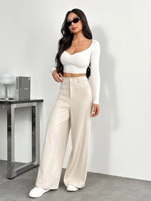 SHEIN PETITE 女款時尚百搭卡其色寬腿通勤長褲 - 卡其色 - 查看 5