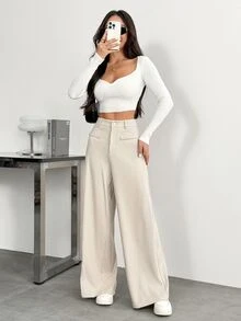 SHEIN PETITE 女款時尚百搭卡其色寬腿通勤長褲 - 卡其色 - 查看 6