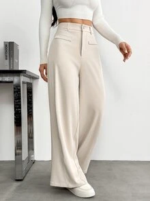 SHEIN PETITE 女款時尚百搭卡其色寬腿通勤長褲 - 卡其色 - 查看 10