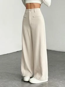 SHEIN PETITE 女款時尚百搭卡其色寬腿通勤長褲 - 卡其色 - 查看 8