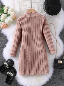SHEIN Young Girl Mock Neck Ribbed Knit Dress - Pink - View 2
