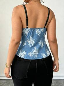 SHEIN LUNE CURVE Plus Size Women's Elegant Sexy Blue And White Floral Print Tank Top, Hemline Split Button Design Camisole, Beach Vacation, Date Night Summer Going Out - Baby Blue - View 3