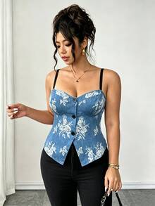 SHEIN LUNE CURVE Plus Size Women's Elegant Sexy Blue And White Floral Print Tank Top, Hemline Split Button Design Camisole, Beach Vacation, Date Night Summer Going Out - Baby Blue - View 9