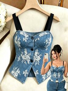 SHEIN LUNE CURVE Plus Size Women's Elegant Sexy Blue And White Floral Print Tank Top, Hemline Split Button Design Camisole, Beach Vacation, Date Night Summer Going Out - Baby Blue - View 4