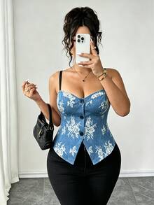 SHEIN LUNE CURVE Plus Size Women's Elegant Sexy Blue And White Floral Print Tank Top, Hemline Split Button Design Camisole, Beach Vacation, Date Night Summer Going Out - Baby Blue - View 7