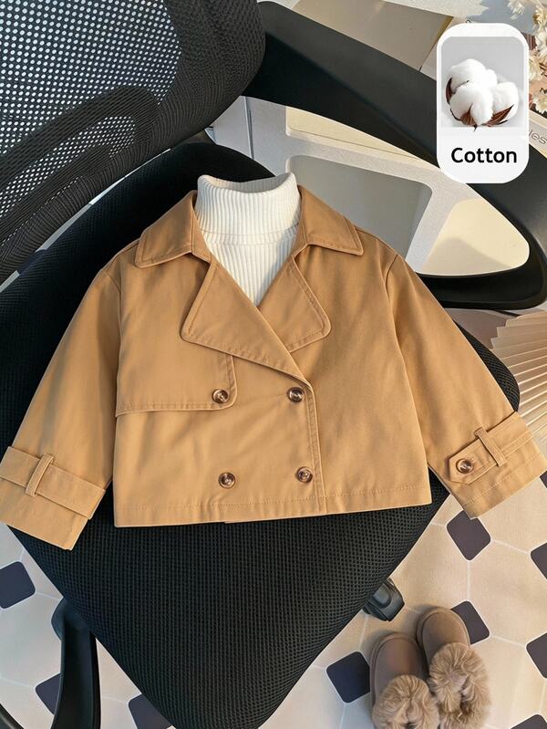 SHEIN Baby Mädchen gewebter Reverskragen Kurz einfarbig leichter Trenchcoat, geeignet für Herbst und Winter