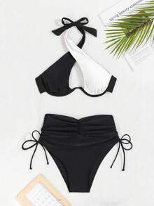 Bonvoyette Women Summer Beach Color Block Hollow Out Crossed Halter Bikini Top And Drawstring Side Bikini Bottom Set - Black and White - View 4