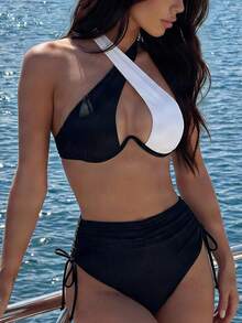 Bonvoyette Women Summer Beach Color Block Hollow Out Crossed Halter Bikini Top And Drawstring Side Bikini Bottom Set - Black and White - View 1