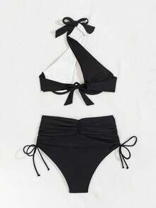 Bonvoyette Women Summer Beach Color Block Hollow Out Crossed Halter Bikini Top And Drawstring Side Bikini Bottom Set - Black and White - View 6