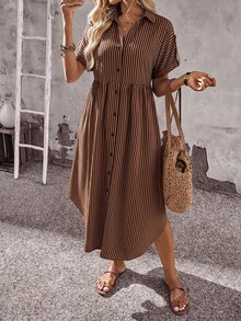 Rosumi 大码女式条纹荷叶边休闲派对连衣裙 - 棕色 - 查看 3