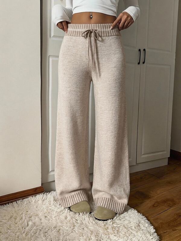 CovetEZ Women's Drawstring Waist Casual Versatile Daily Wear Knit Long Pants Lounge Off-White Beige Autumn