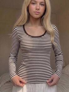 SHEIN Tween Girls Kids T-Shirts Ribbed Crew Neck Elastic Slim Fit All-Match Striped Versatile Minimalist Contrast Trim Long Sleeve T-Shirt, Comfortable Autumn/Winter/All Season Wear - Brown - View 2