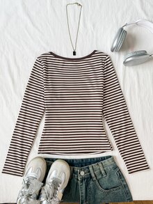 SHEIN Tween Girls Kids T-Shirts Ribbed Crew Neck Elastic Slim Fit All-Match Striped Versatile Minimalist Contrast Trim Long Sleeve T-Shirt, Comfortable Autumn/Winter/All Season Wear - Brown - View 5