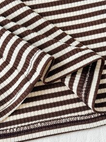 SHEIN Tween Girls Kids T-Shirts Ribbed Crew Neck Elastic Slim Fit All-Match Striped Versatile Minimalist Contrast Trim Long Sleeve T-Shirt, Comfortable Autumn/Winter/All Season Wear - Brown - View 9