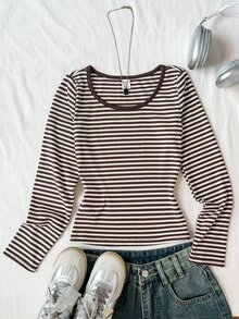 SHEIN Tween Girls Kids T-Shirts Ribbed Crew Neck Elastic Slim Fit All-Match Striped Versatile Minimalist Contrast Trim Long Sleeve T-Shirt, Comfortable Autumn/Winter/All Season Wear - Brown - View 4