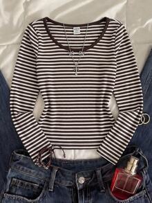 SHEIN Tween Girls Kids T-Shirts Ribbed Crew Neck Elastic Slim Fit All-Match Striped Versatile Minimalist Contrast Trim Long Sleeve T-Shirt, Comfortable Autumn/Winter/All Season Wear - Brown - View 3