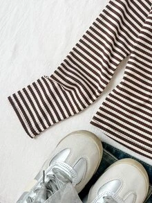 SHEIN Tween Girls Kids T-Shirts Ribbed Crew Neck Elastic Slim Fit All-Match Striped Versatile Minimalist Contrast Trim Long Sleeve T-Shirt, Comfortable Autumn/Winter/All Season Wear - Brown - View 7