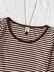SHEIN Tween Girls Kids T-Shirts Ribbed Crew Neck Elastic Slim Fit All-Match Striped Versatile Minimalist Contrast Trim Long Sleeve T-Shirt, Comfortable Autumn/Winter/All Season Wear - Brown - View 6