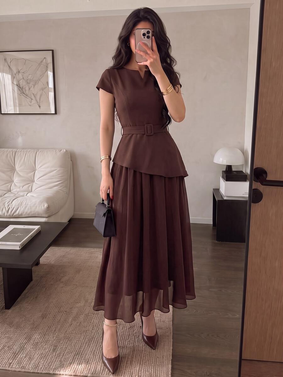 Modelyn 女款酒紅色編織短袖收腰雪紡拼接腰帶扣優雅浪漫A字中長洋裝