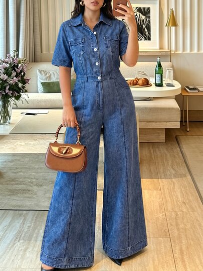 Vionelle Plus Size Shirt Collar Short Sleeve Half-Button Front Chest Pocket Elegant Vintage Cute Vacation Casual Party Denim Effect Blue Straight Leg Flare Pants Jumpsuit