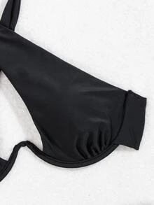 SHEIN Swim 女士纯色比基尼套装，内置钢圈支撑，钢圈高腰两件套比基尼套装泳装泳衣沙滩装夏季度假，夏季海滩 - 黑色 - 查看 9