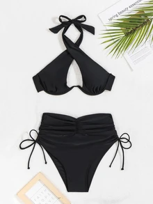 SHEIN Swim 女士纯色比基尼套装，内置钢圈支撑，钢圈高腰两件套比基尼套装泳装泳衣沙滩装夏季度假，夏季海滩 - 黑色 - 查看 7