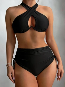 SHEIN Swim 女士纯色比基尼套装，内置钢圈支撑，钢圈高腰两件套比基尼套装泳装泳衣沙滩装夏季度假，夏季海滩 - 黑色 - 查看 4