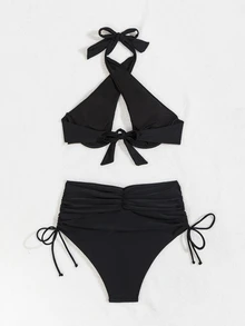 SHEIN Swim 女士纯色比基尼套装，内置钢圈支撑，钢圈高腰两件套比基尼套装泳装泳衣沙滩装夏季度假，夏季海滩 - 黑色 - 查看 8