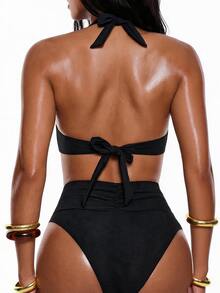 SHEIN Swim 女士纯色比基尼套装，内置钢圈支撑，钢圈高腰两件套比基尼套装泳装泳衣沙滩装夏季度假，夏季海滩 - 黑色 - 查看 3