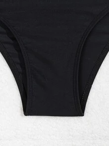 SHEIN Swim 女士纯色比基尼套装，内置钢圈支撑，钢圈高腰两件套比基尼套装泳装泳衣沙滩装夏季度假，夏季海滩 - 黑色 - 查看 10