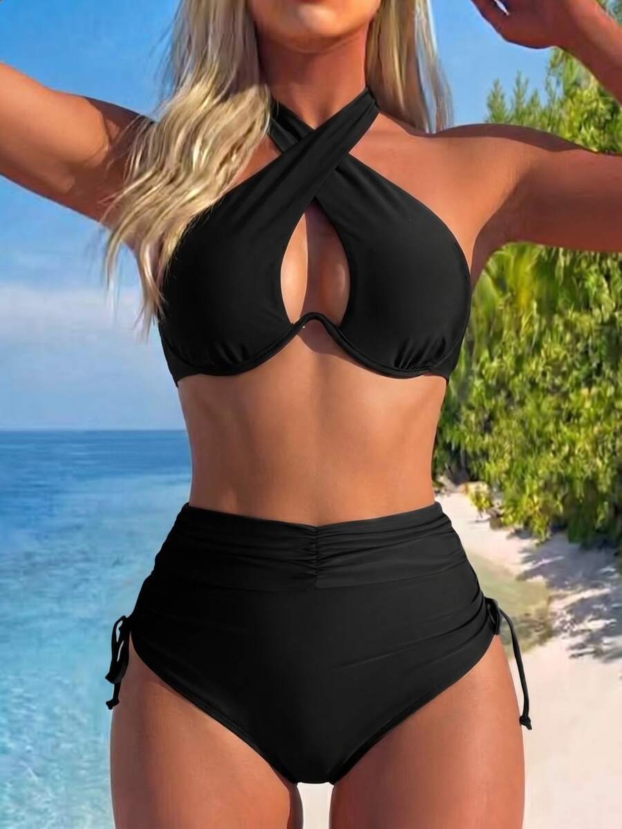 SHEIN Swim 女士纯色比基尼套装，内置钢圈支撑，钢圈高腰两件套比基尼套装泳装泳衣沙滩装夏季度假，夏季海滩