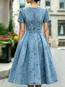 SHEIN Women's Elegant Long Dress With Colorful Rhinestone Decor, Round Neck, Short Sleeve, Pleated Hem And Pockets - Multicolor - View 3