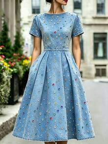 SHEIN Women's Elegant Long Dress With Colorful Rhinestone Decor, Round Neck, Short Sleeve, Pleated Hem And Pockets - Multicolor - View 2