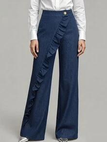 SHEIN Celana Panjang Wanita Polos dengan Motif Patchwork dan Hem Berumbai, Model Kaki Lebar Elegan - Biru - View 8